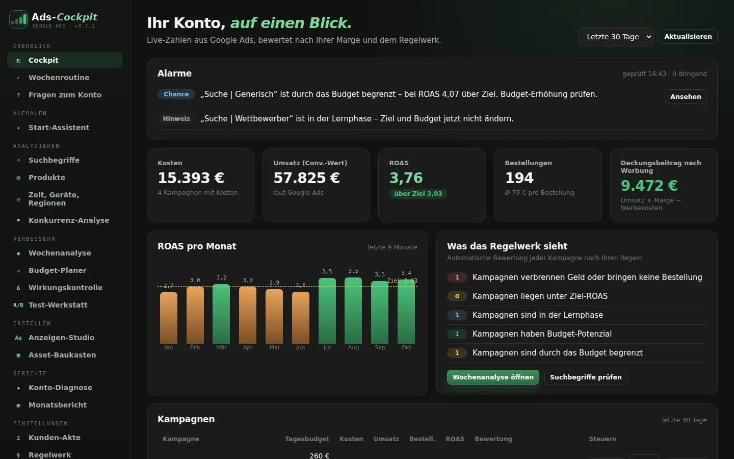 Ads-Cockpit mit Kosten, Umsatz, ROAS und Alarmen